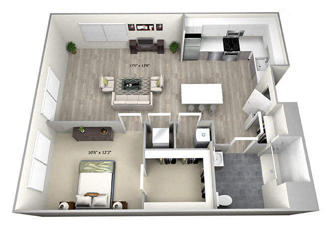 Floor plan for 1 bed, 1 bath, 726 sqft